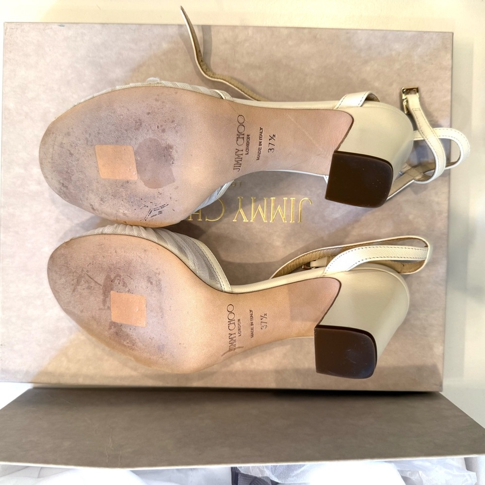 JIMMY CHOO Sacaria 85 Block Heels Sandals Cream White Bridal Pearl 37.5 7.5 - Picture 7 of 14